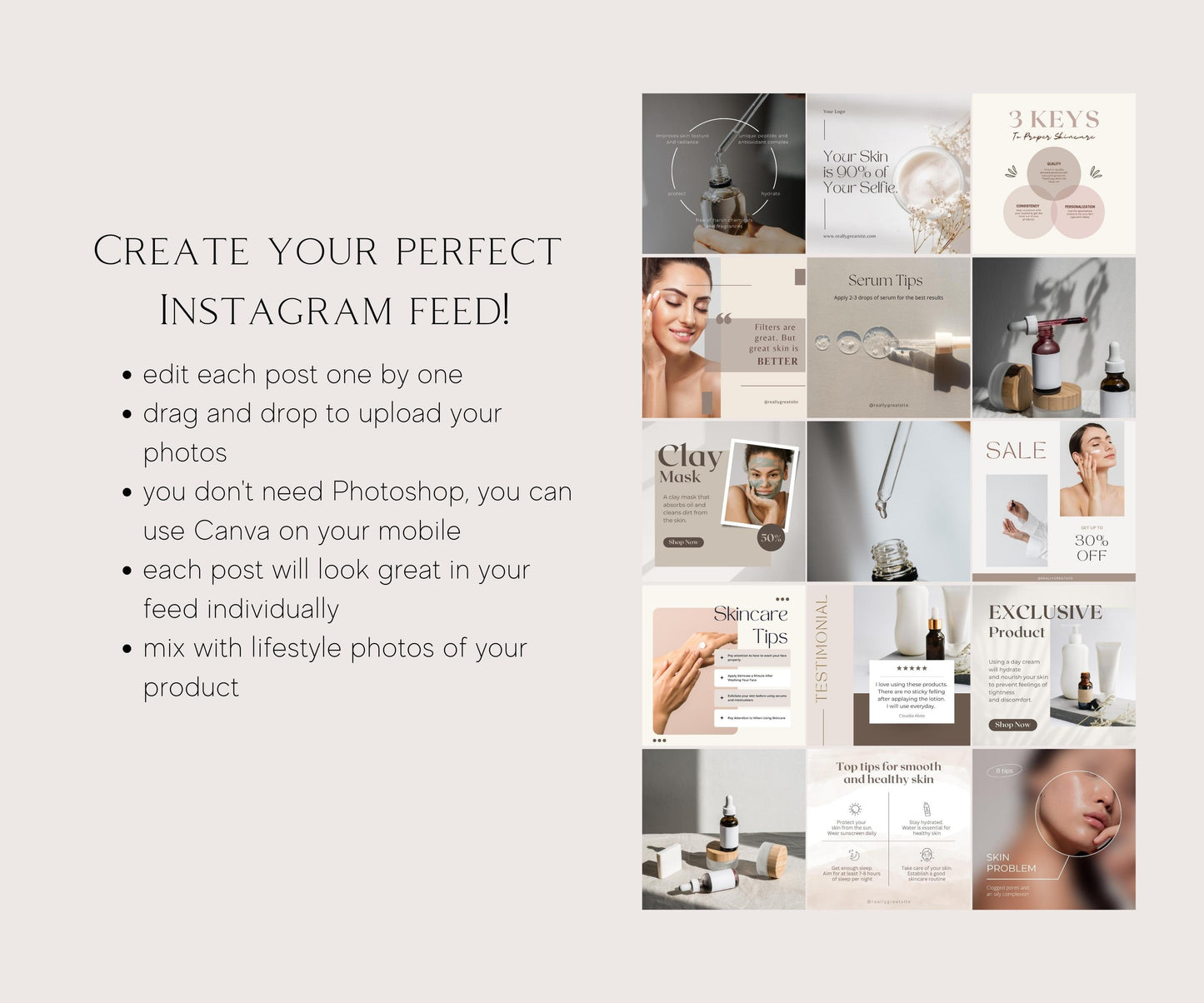 Skincare Instagram Beauty Template Canva, Esthetician Instagram Post Templates, Modern Aesthetic Skincare Social Media, Beauty Instagram