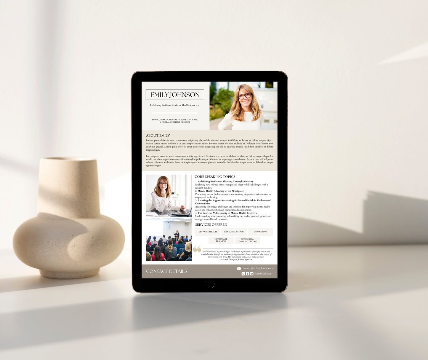 Speaker Sheet Template, Speaker Media Kit, Canva Media Kit for Keynote Speakers, Mental Health Advocate, Corporate Trainer, One Pager
