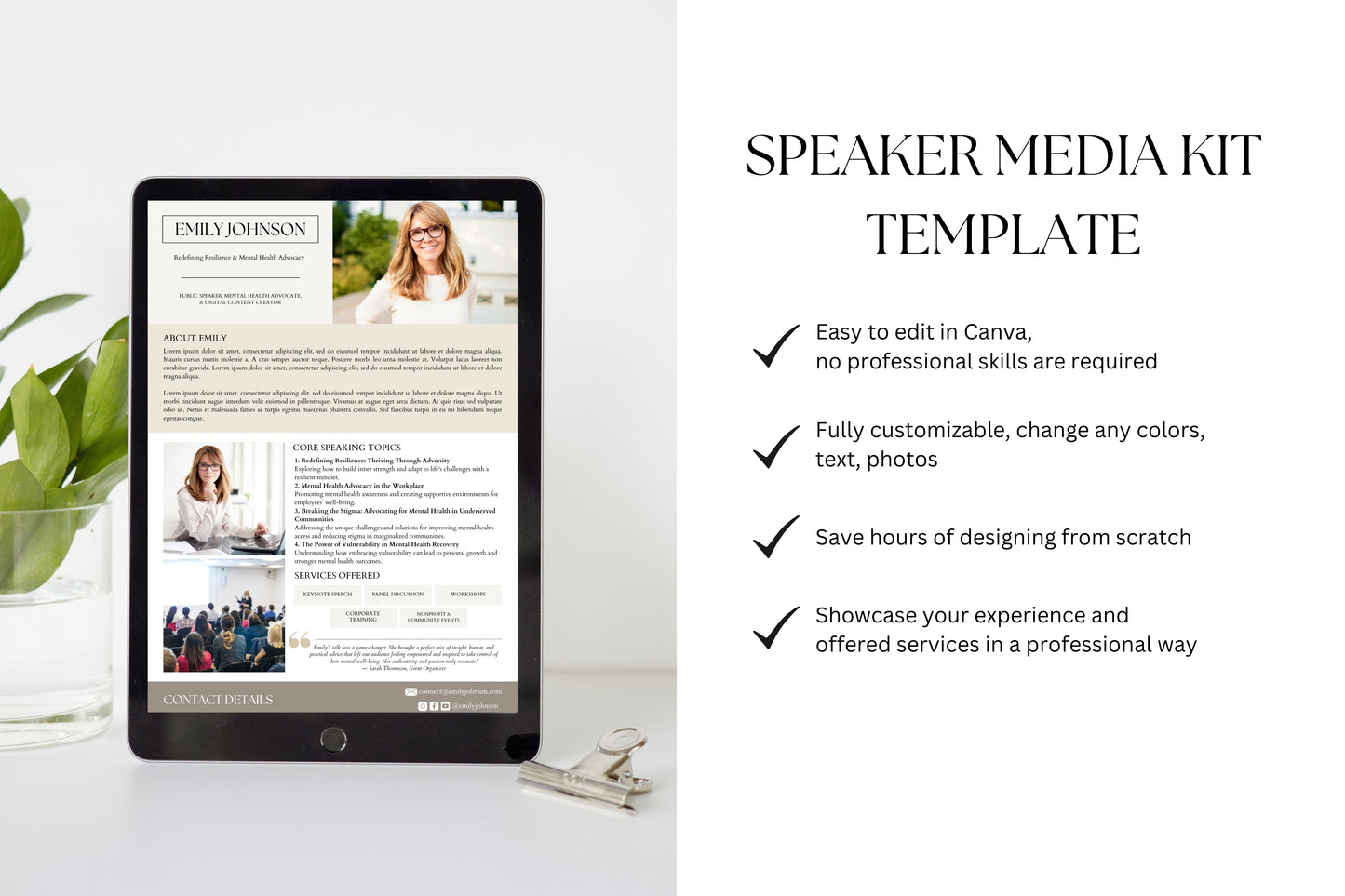 Speaker Sheet Template, Speaker Media Kit, Canva Media Kit for Keynote Speakers, Mental Health Advocate, Corporate Trainer, One Pager
