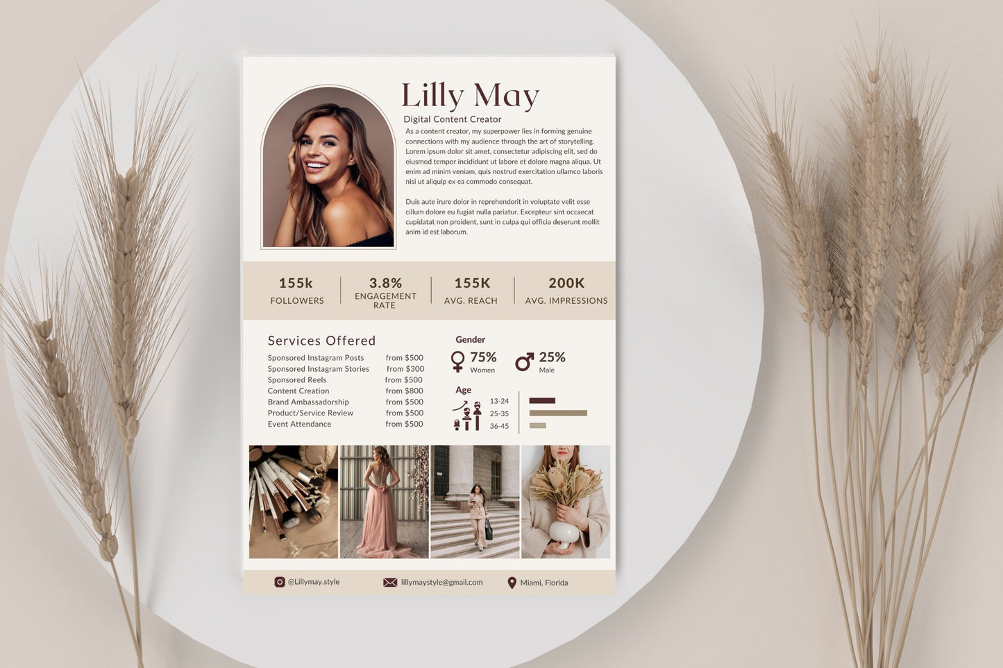 Influencer Rate Card Template | Content Creator Rate Card | Rate Sheet for Instagram Influencer | Modern Beige Rate Card Canva Template