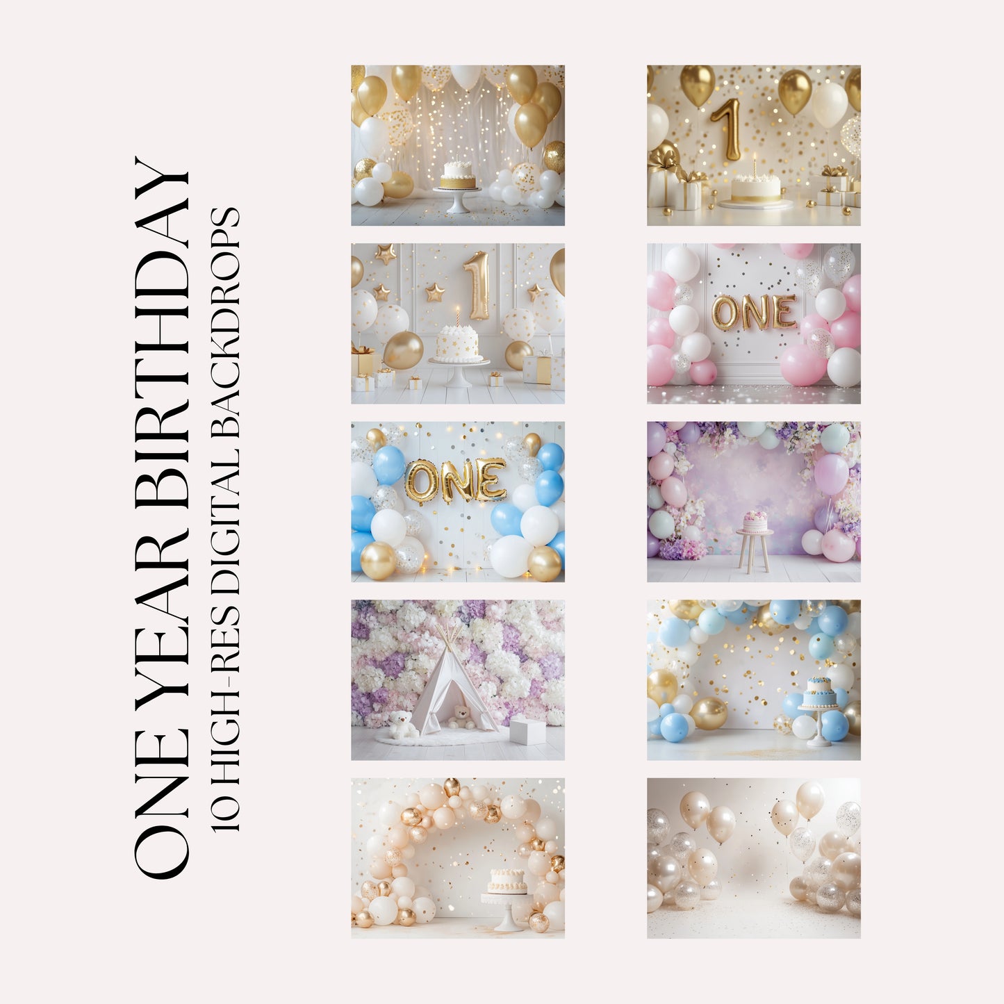 One Year Birthday Digital Backdrops – First Birthday Photo Backgrounds, Cake Smash Scenes, 1st Birthday Photography, Family Studio Backdrops