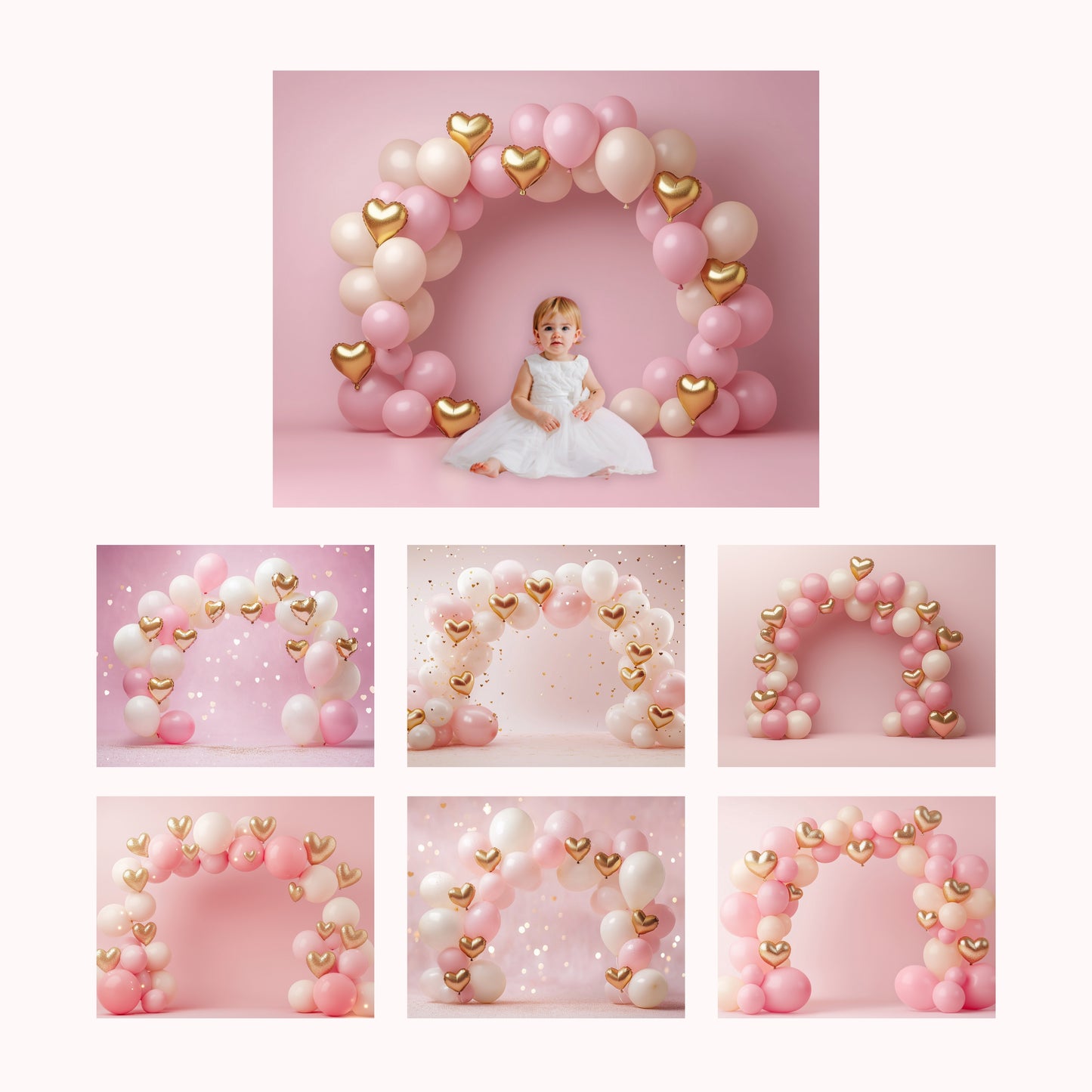 Pink & Gold Balloon Arch Backdrops, Baby Birthday Photo Background, Cake Smash Digital Backdrop, High Res JPG First Birthday Photoshoot
