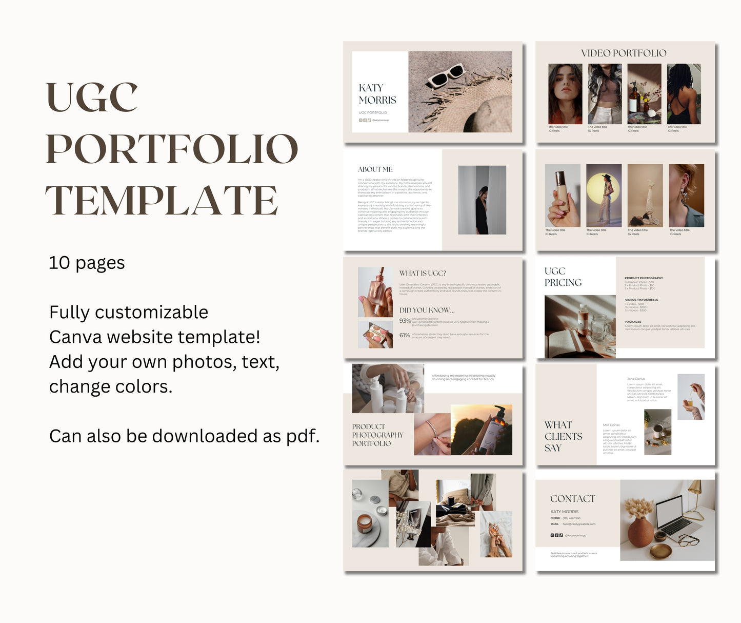 UGC Portfolio Template, UGC Media Kit Canva Website Template, UGC Online Portfolio, Ugc Rate Card, Ugc Landing Page Neutral Tones