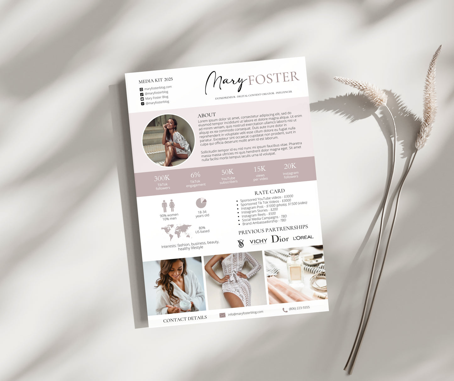 One Page Media Kit with Rate Card for Instagram and TikTok Influencer, YouTuber Media Kit Canva Template, Content Creator Media Kit