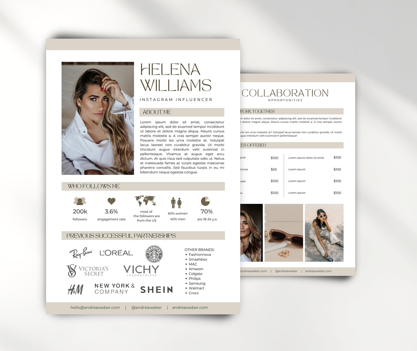 Influencer Media Kit Template for Canva, Modern Aesthetic Media Kit Template with Rate Card, 2 Paged Media Kit Design for Content Creator