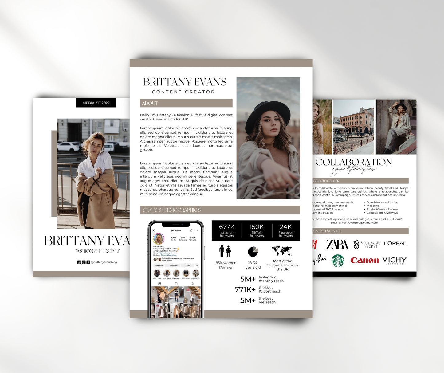Modern Media Kit Template, Instagram and TikTok Influencer Media Kit, Content Creator Media Kit Canva Template, 3 Paged Media Kit Design