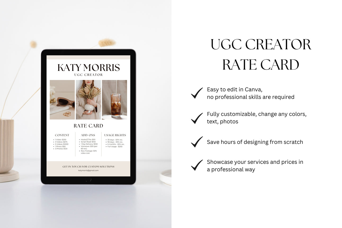 UGC Creator Rate Card Template, Editable UGC Rate Card Canva Template, User Generated Content Pricing, Minimalist UGC Rate Sheet Template