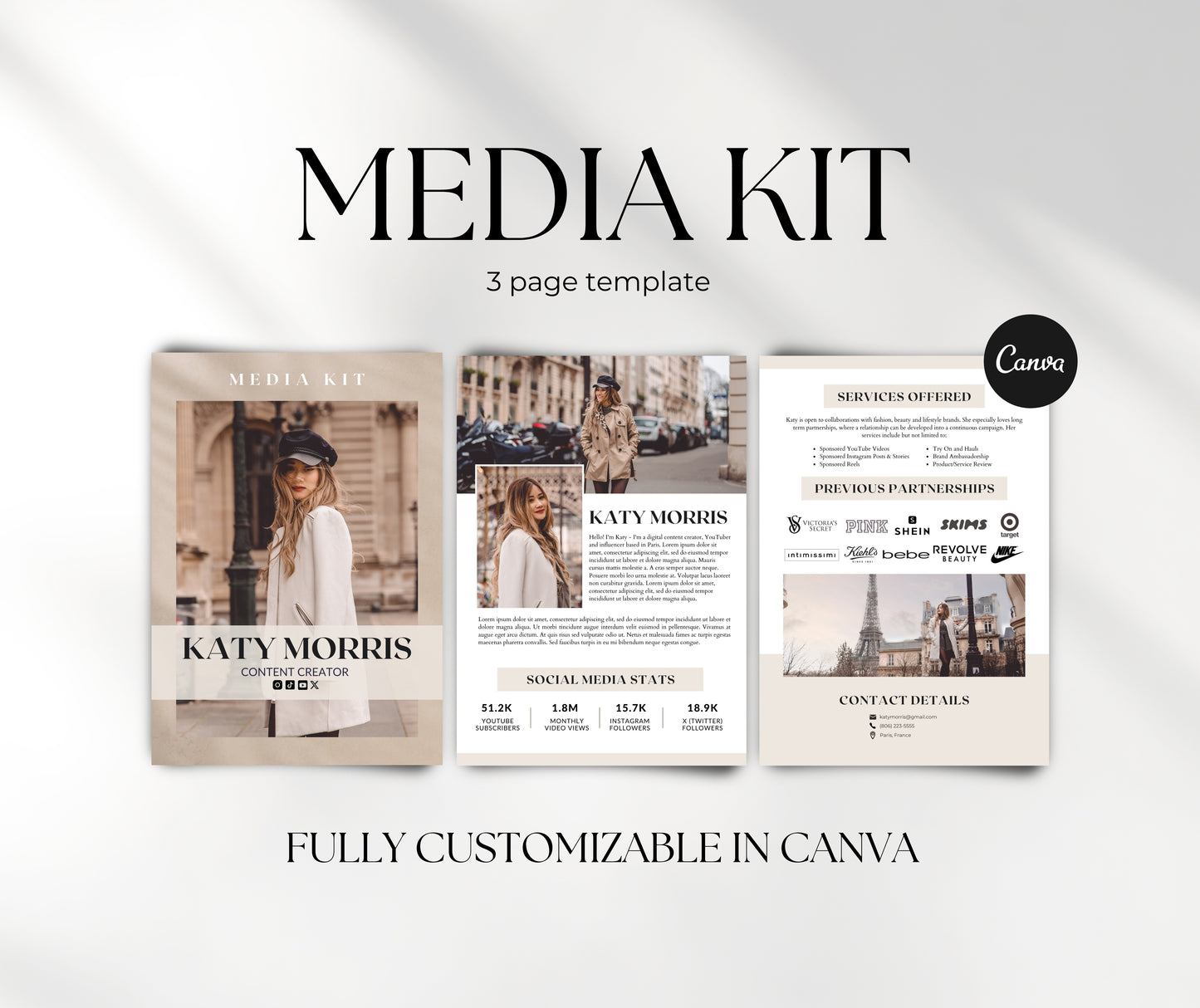 Media Kit Template for Content Creator, YouTuber, Influencer. 3 Paged Neutral Tones Media Kit Canva Template