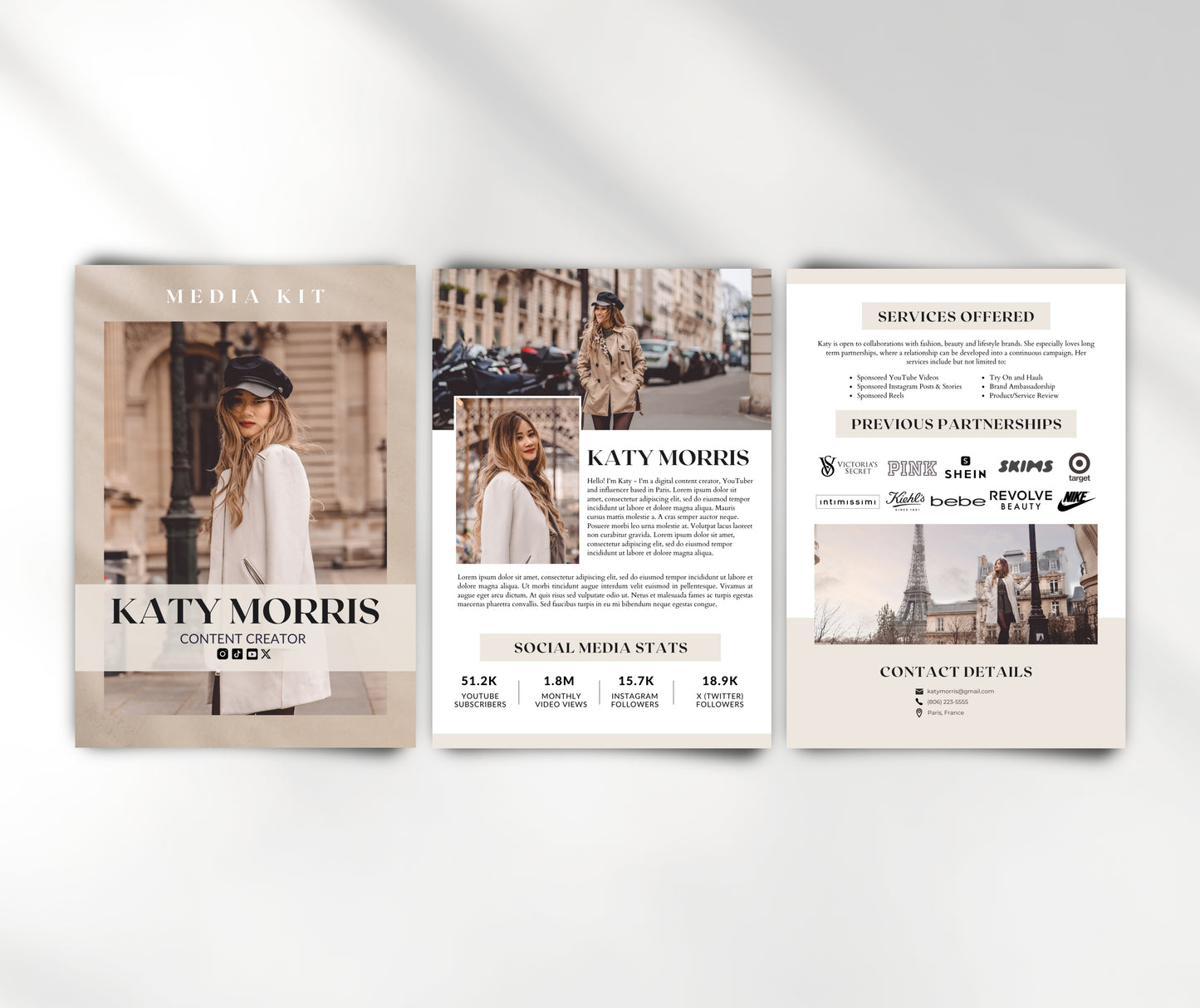 Media Kit Template for Content Creator, YouTuber, Influencer. 3 Paged Neutral Tones Media Kit Canva Template