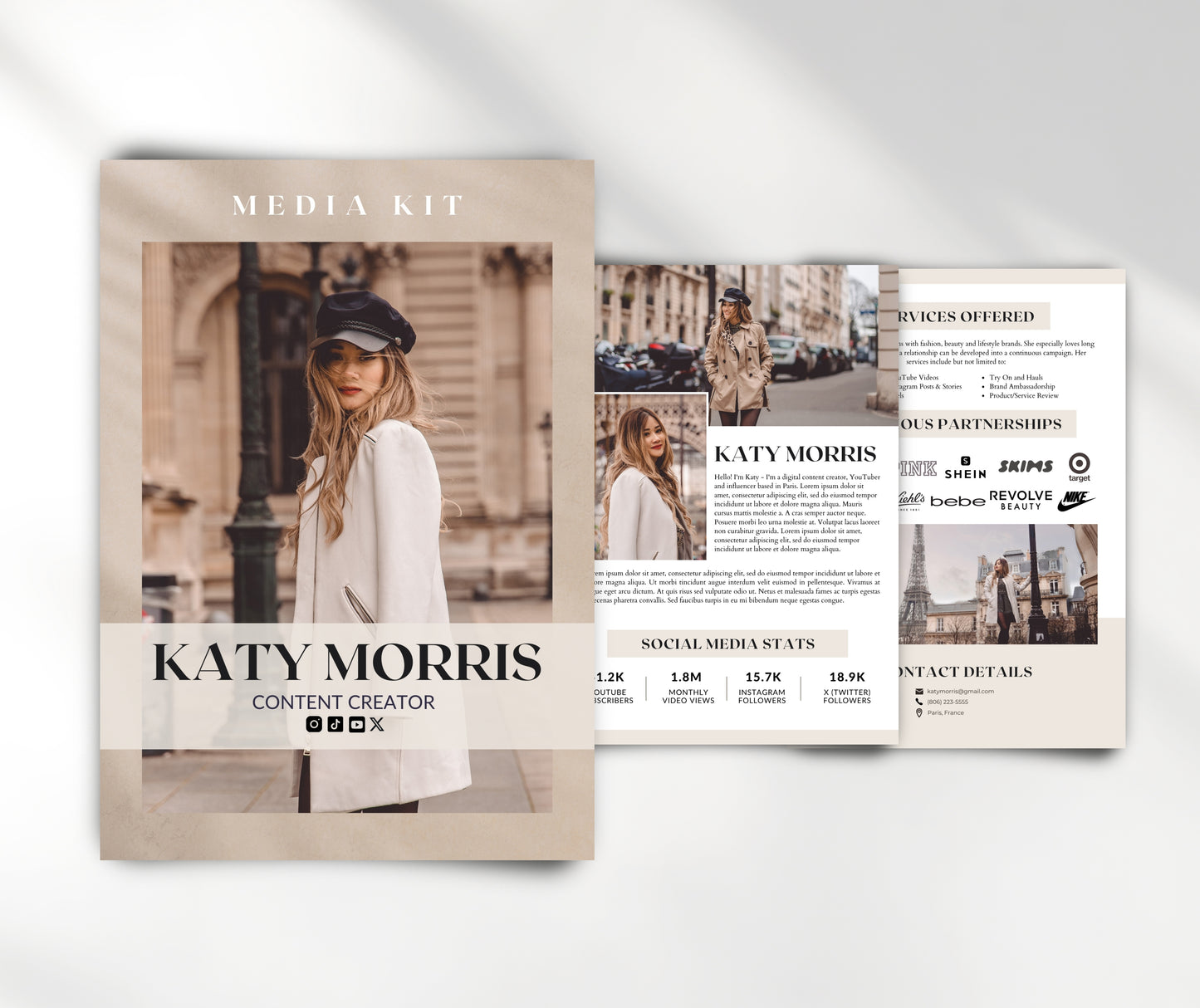 Media Kit Template for Content Creator, YouTuber, Influencer. 3 Paged Neutral Tones Media Kit Canva Template