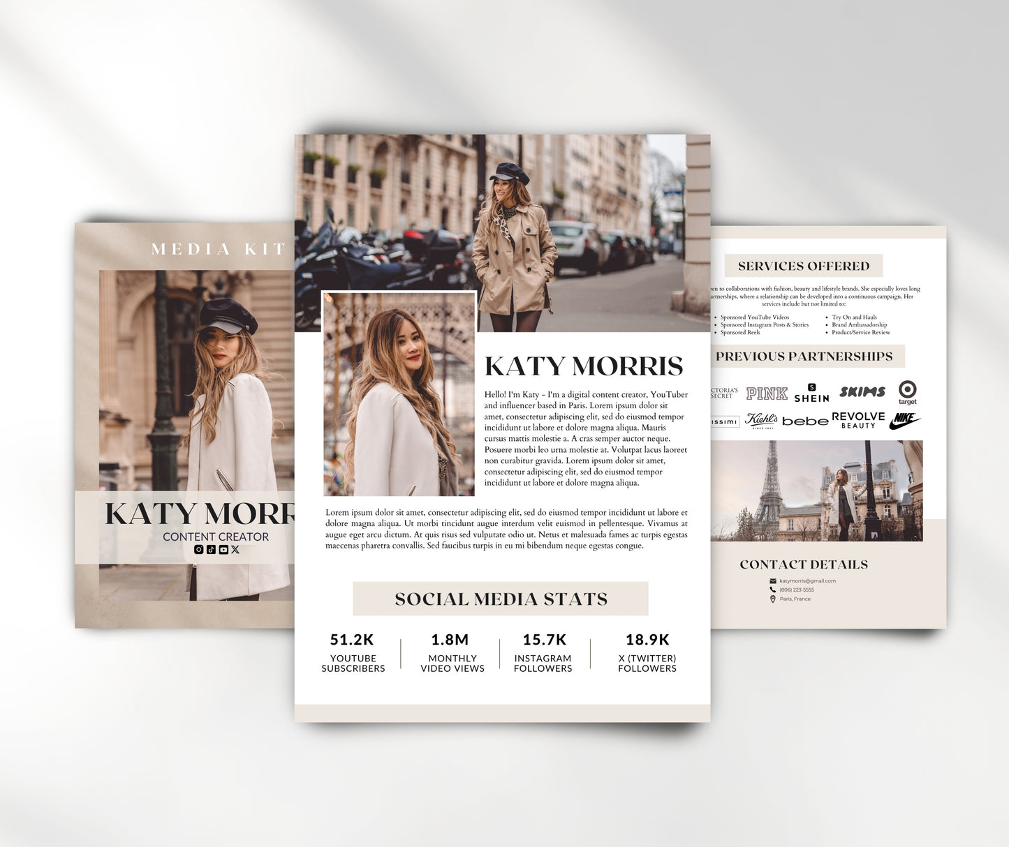 Media Kit Template for Content Creator, YouTuber, Influencer. 3 Paged Neutral Tones Media Kit Canva Template