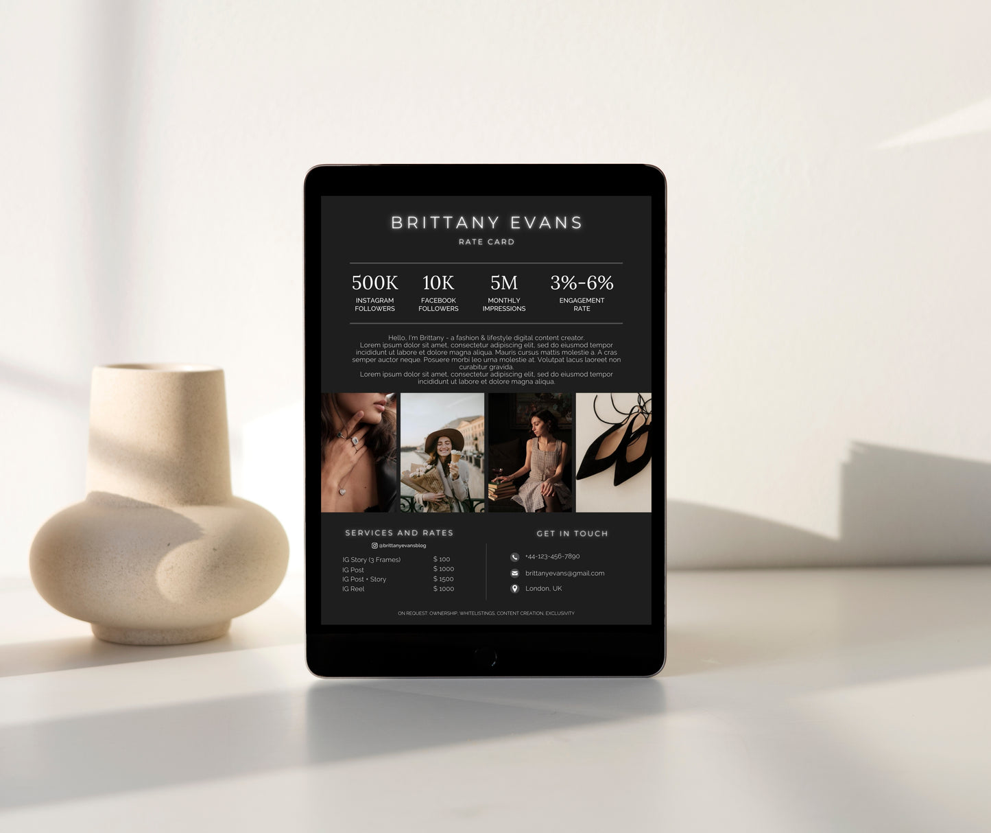 Black Minimalist Rate Card for Influencer | Price Sheet for Instagram Blogger | Modern Price List | Canva Media Kit Template