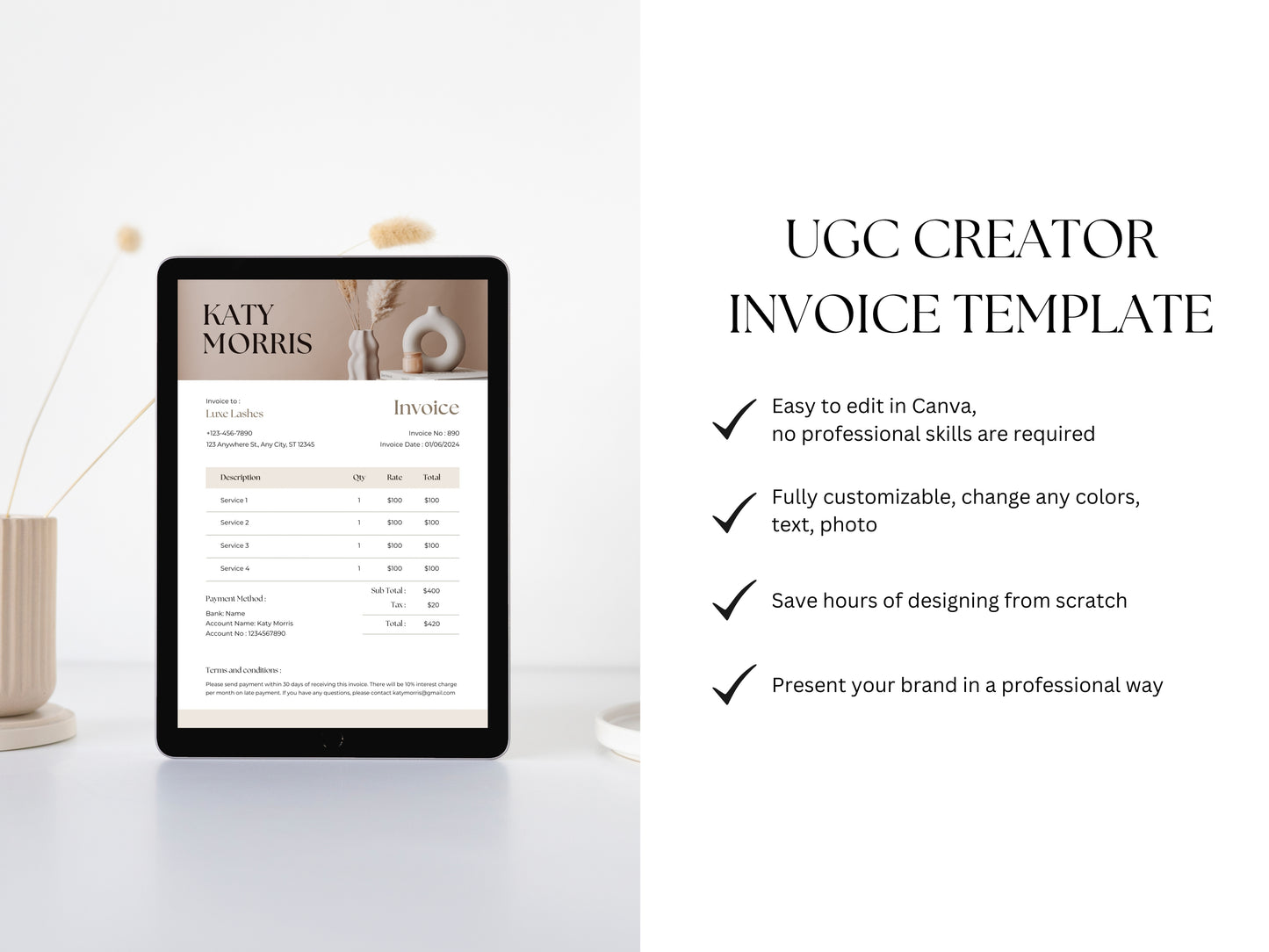 UGC Creator Invoice Template, UGC Invoice Canva Template, Digital Content Creator Invoice Template, Editable Canva Invoice