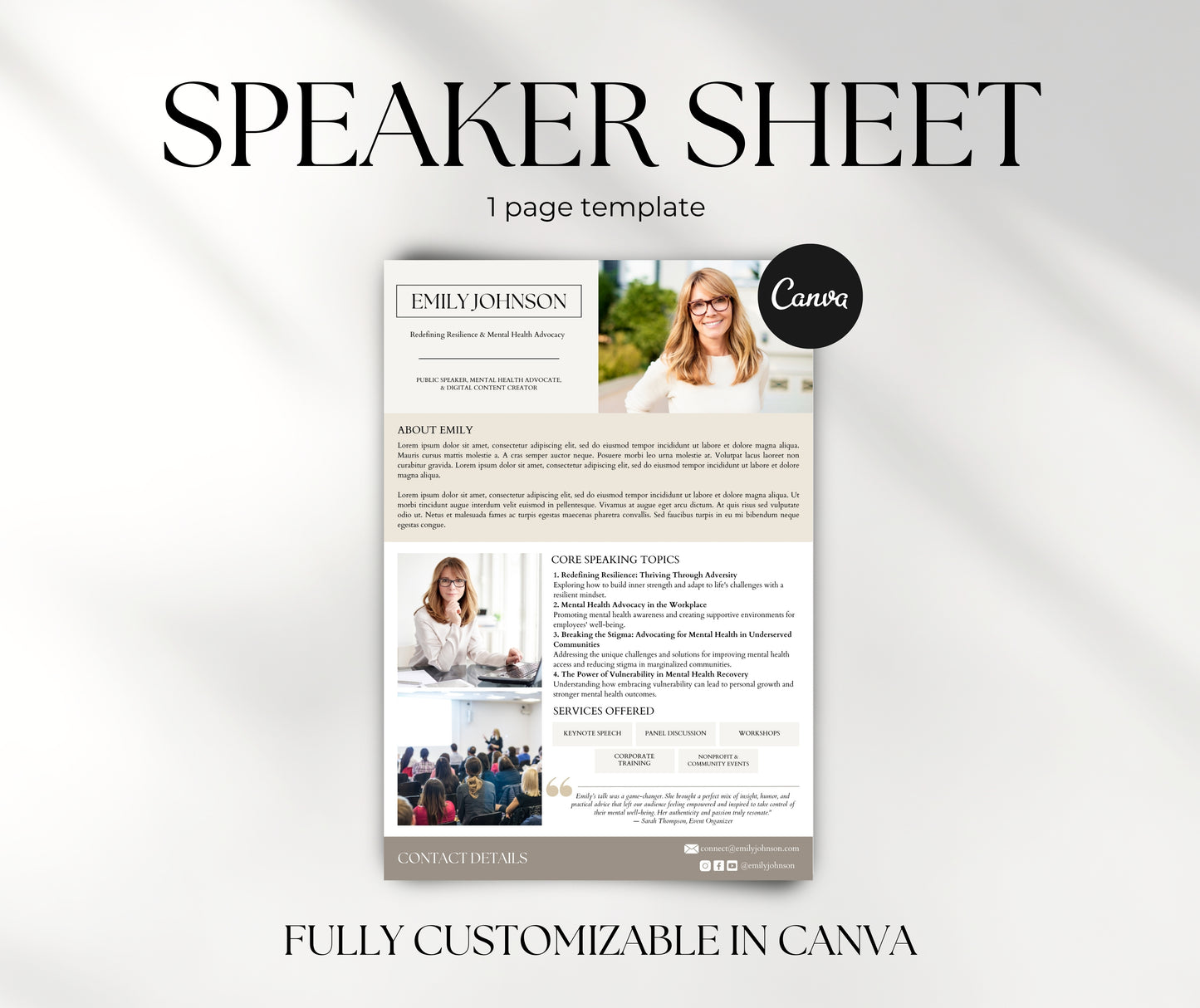 Speaker Sheet Template, Speaker Media Kit, Canva Media Kit for Keynote Speakers, Mental Health Advocate, Corporate Trainer, One Pager