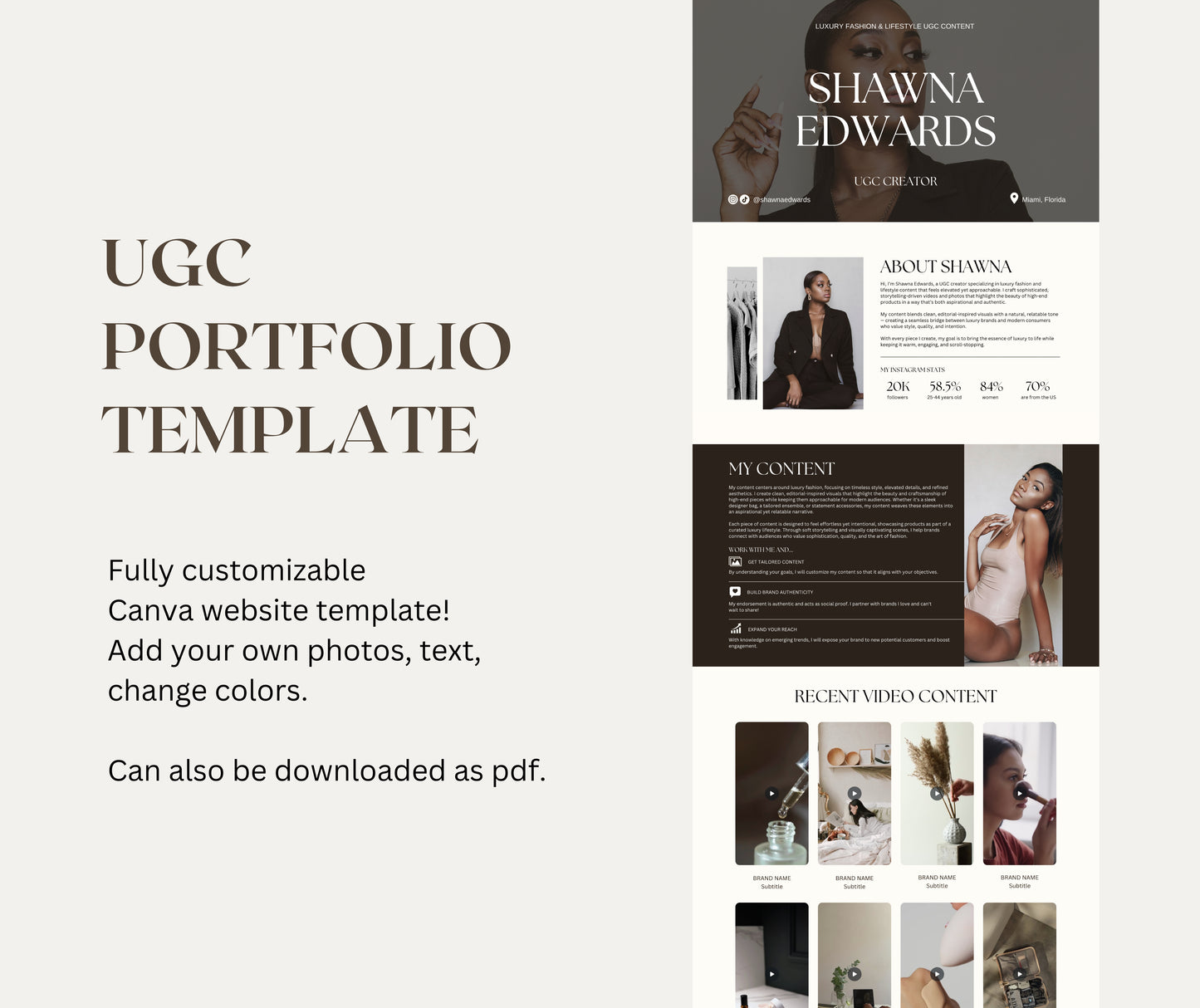 UGC Portfolio Canva Template, Editable UGC Website & Media Kit, Elegant Minimalist Design, Content Creator Portfolio, Instant Download