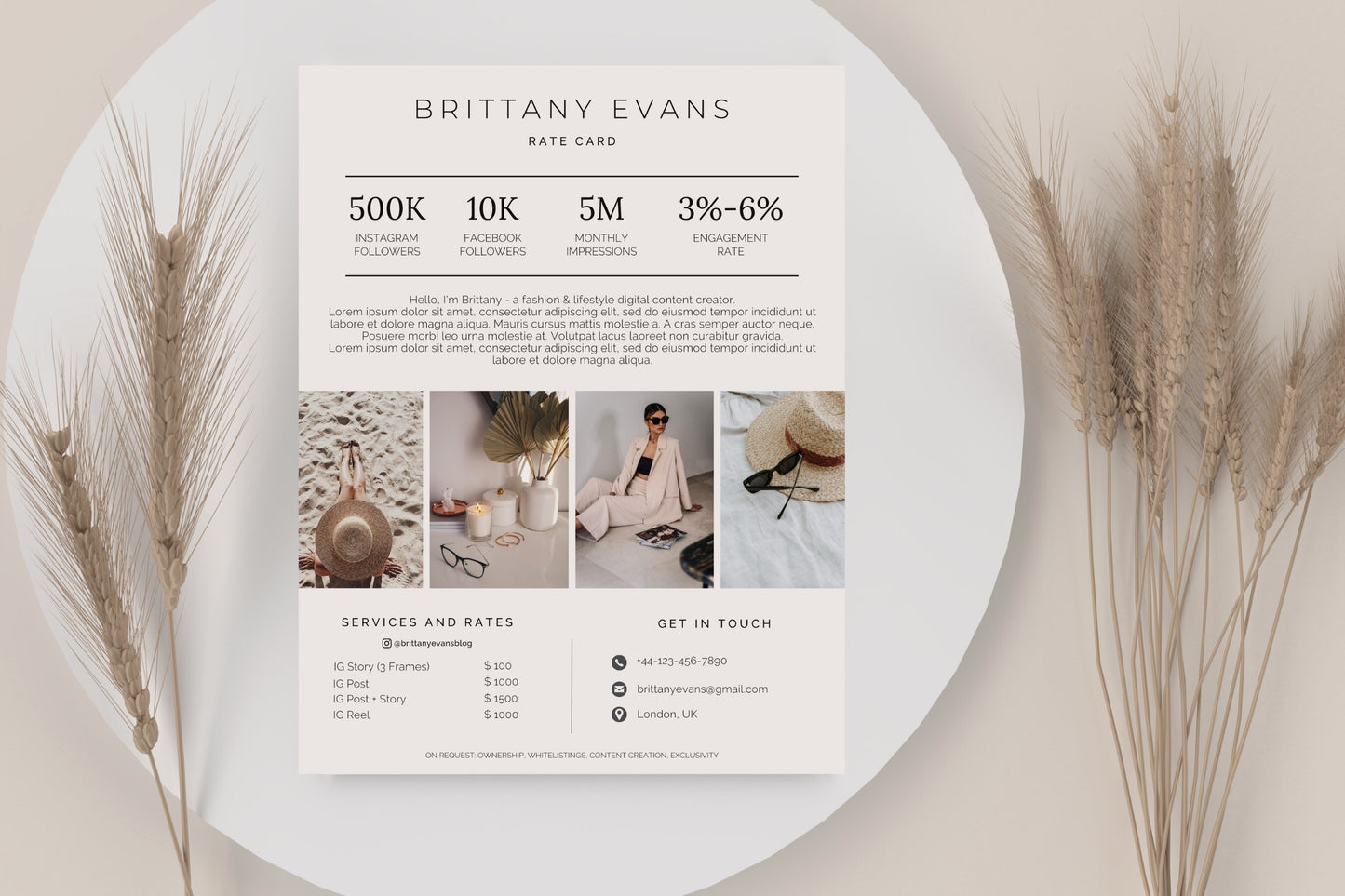 Beige Minimalist Rate Card Template | Instagram Rate Sheet for Influencer | Modern Price List | Canva Media Kit Template