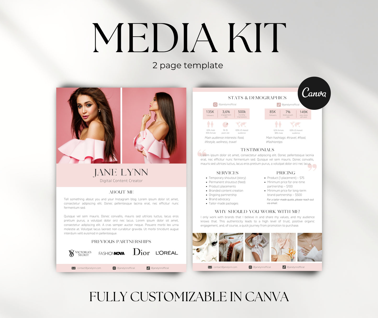 Media Kit, Instagram and TikTok Influencer Media Kit Template for Canva, Content Creator Media Kit with Rate Card, 2 Page Media Kit