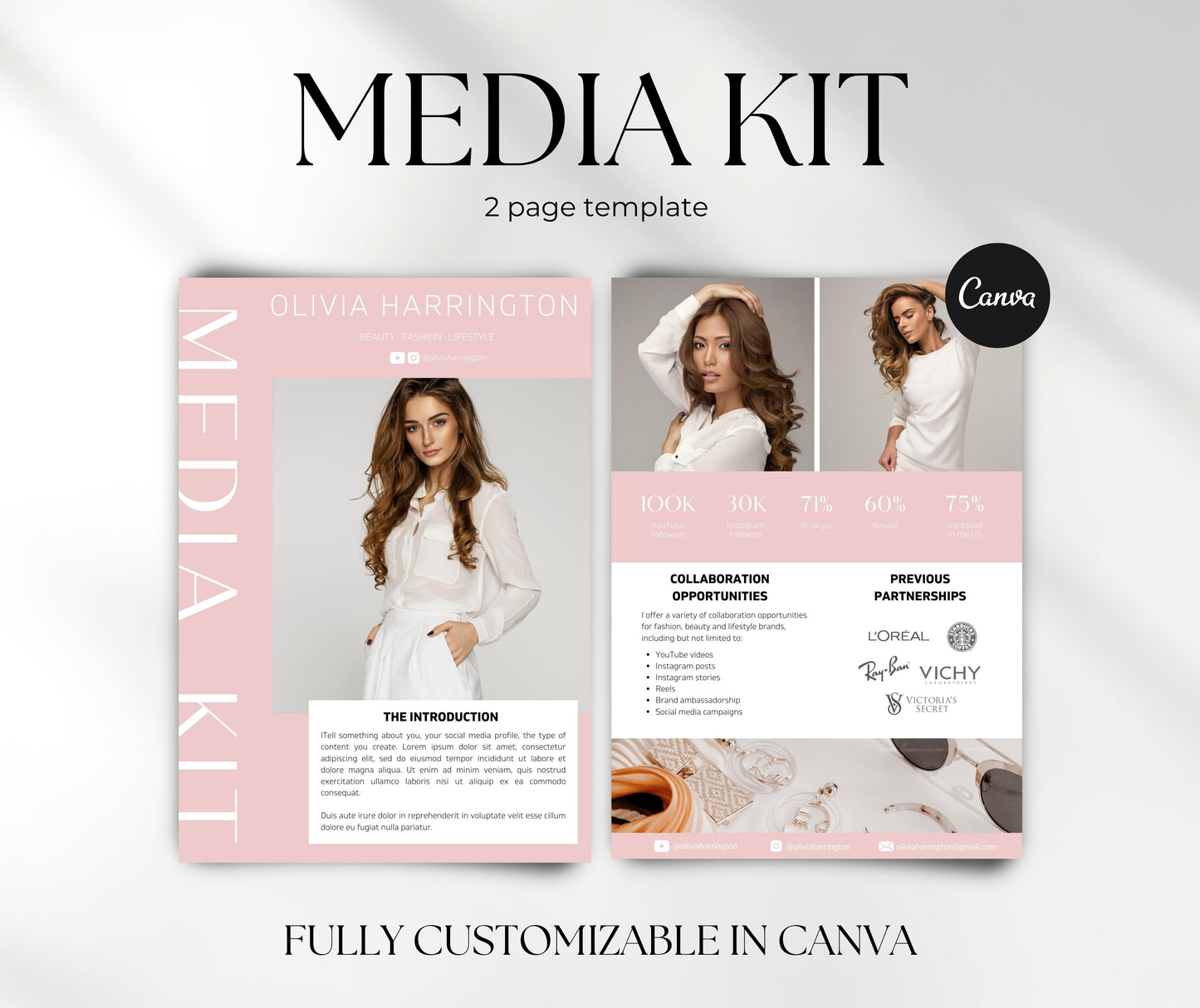YouTuber Media Kit Template | Canva Media Kit Template for YouTube | 2 Paged Media Kit for Influencer | Pink Media Kit