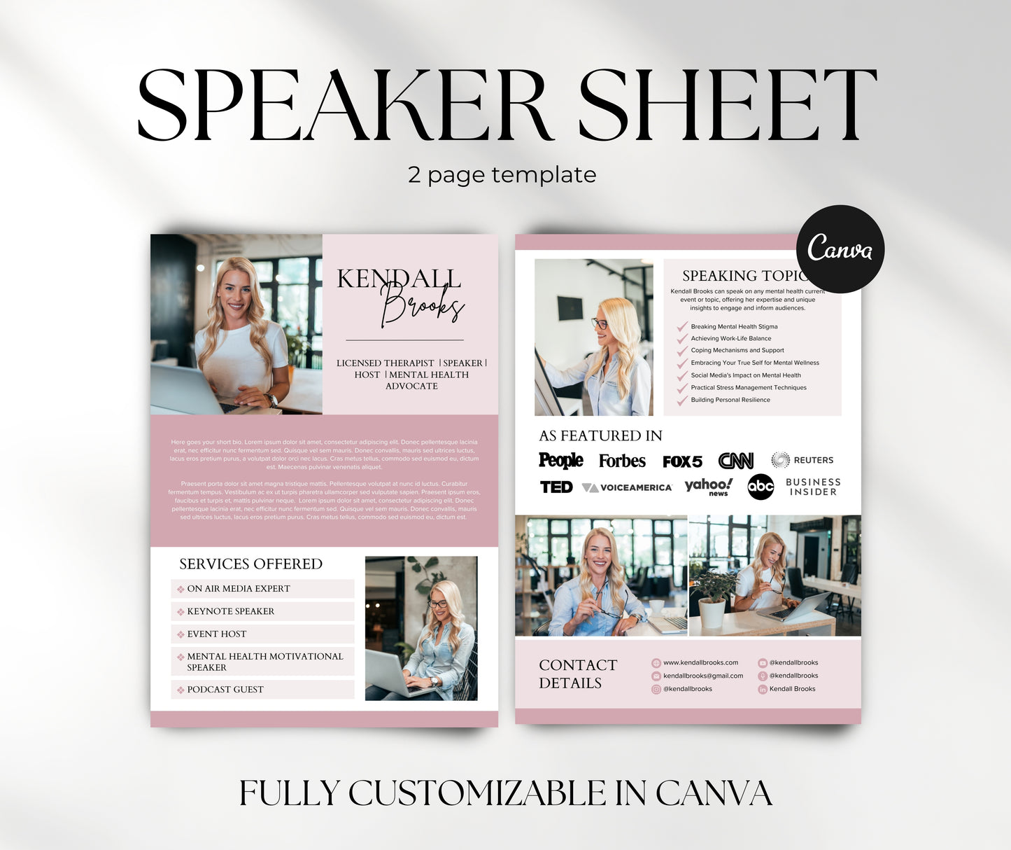 Speaker Media Kit Canva Template, Keynote Speaker EPK for Coaches Biz Owners, Professional Elegant One Sheet, Editable TV Podcast Press Kit