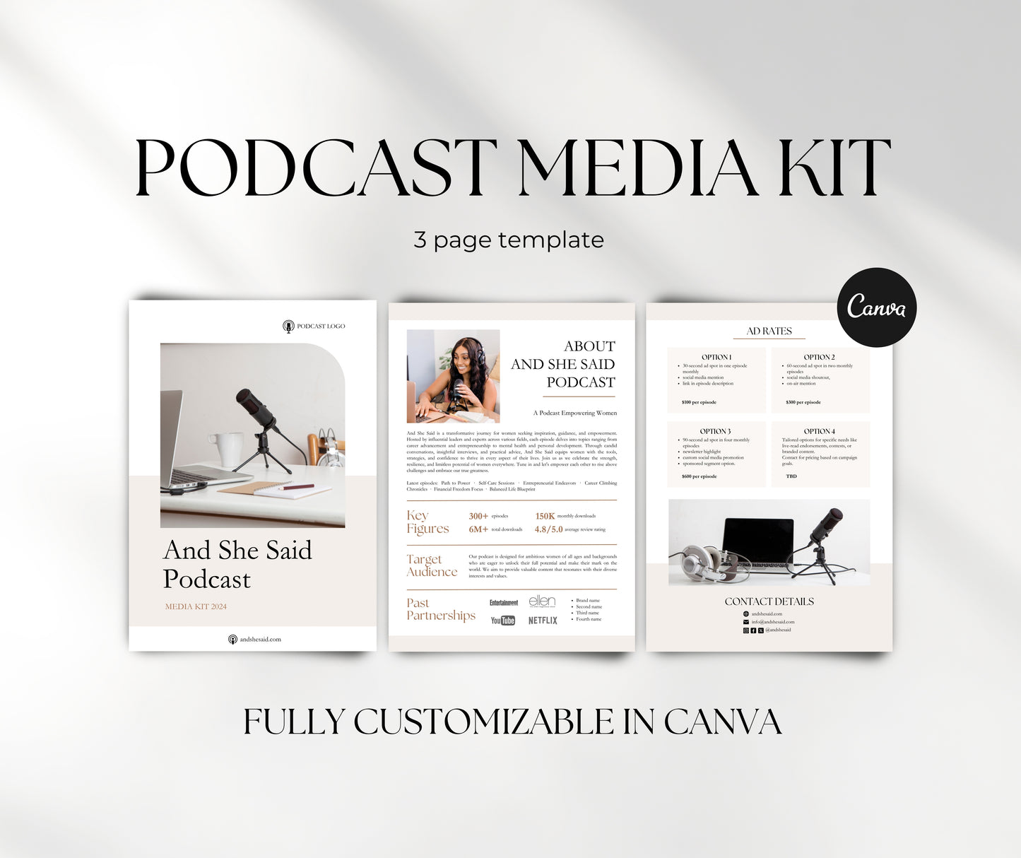 Podcast Media Kit Template, Neutral Aesthetic Canva Podcast Rate Card, Podcast Press Kit for Influencers & Sponsors, Media Kit Podcasters