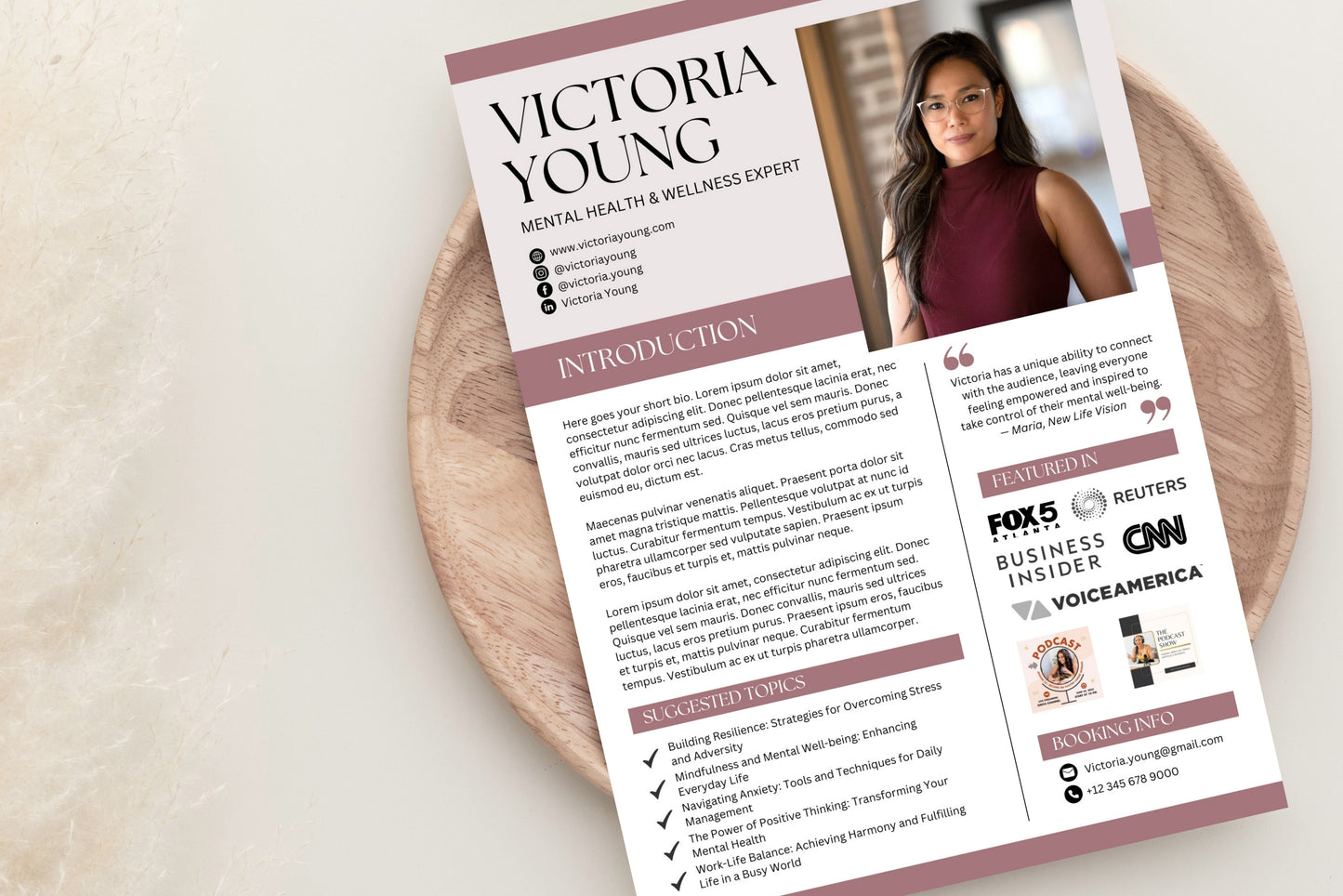 Speaker Sheet Template, Speaker One Sheet Canva Template, Media Kit for a Keynote Speaker, Expert, Coach, Entrepreneur, EPK Canva Template