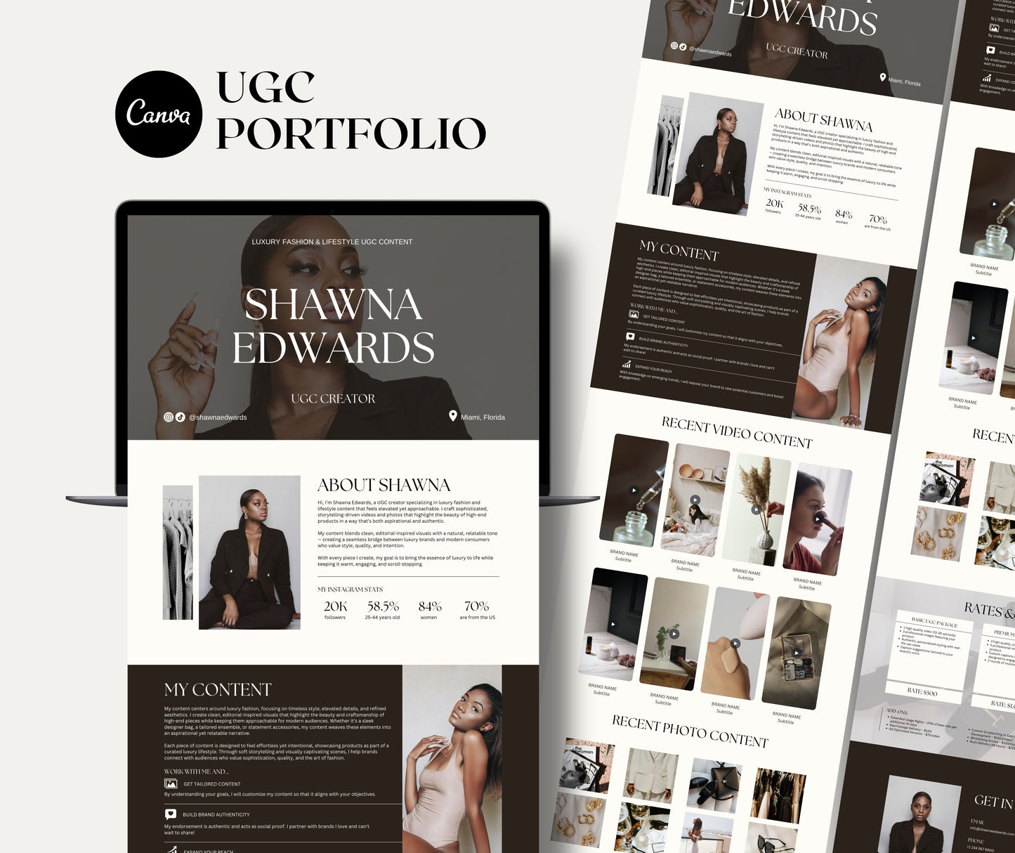 UGC Portfolio Canva Template, Editable UGC Website & Media Kit, Elegant Minimalist Design, Content Creator Portfolio, Instant Download