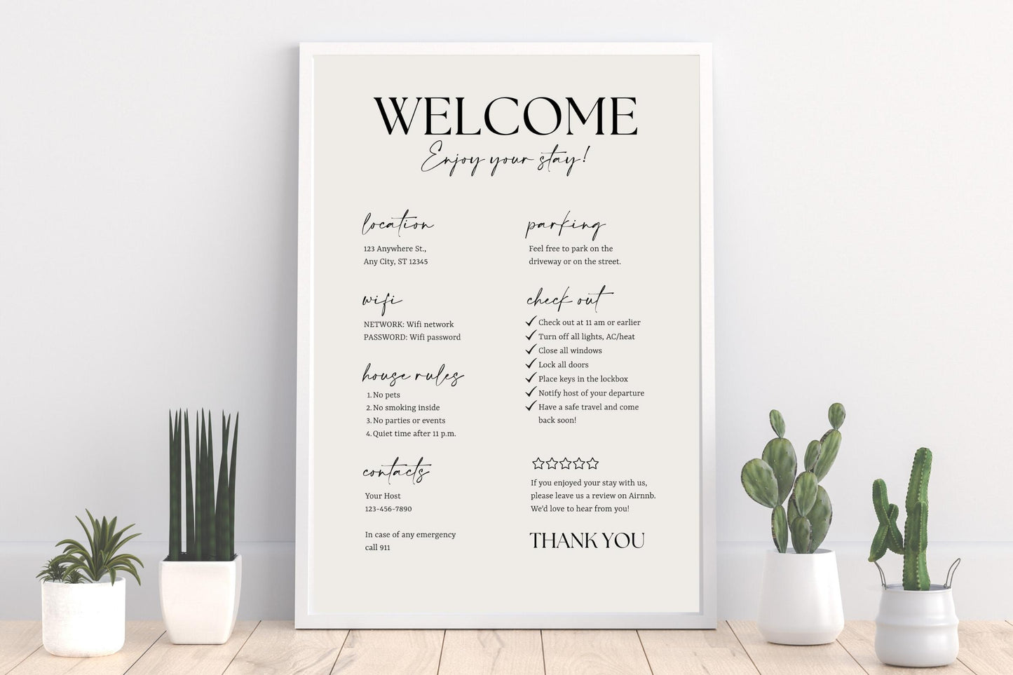 Airbnb Welcome Sign Template | Airbnb Template Canva | Home Rental Wi-Fi, House Rules and Check Out Instructions | Airbnb Arrival Poster
