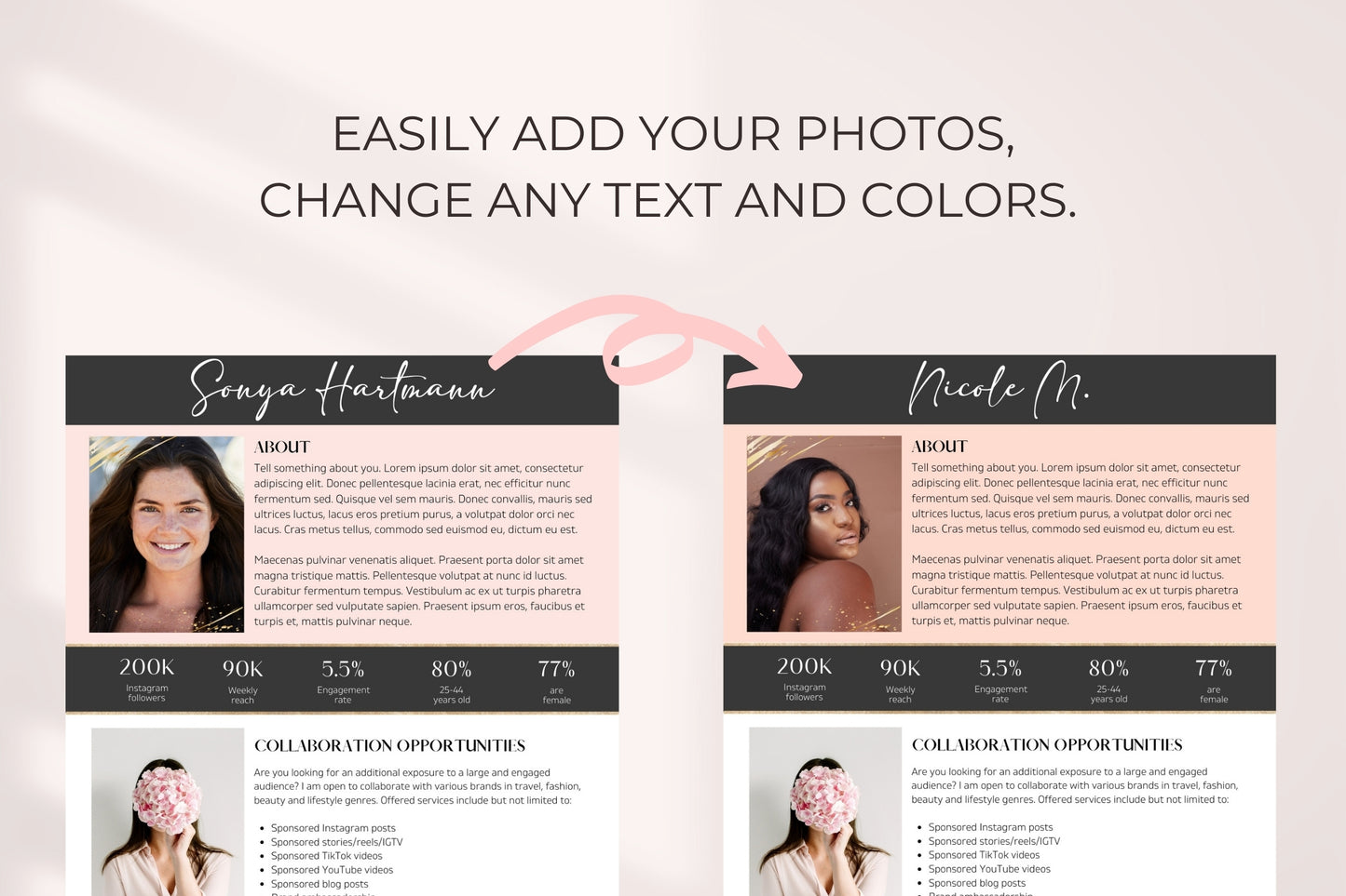 Blush Pink Media Kit Template for Canva, Influencer Media Kit, 1 Page Media Kit, Pink and Gold Media Kit, Editable Media Kit for Bloggers