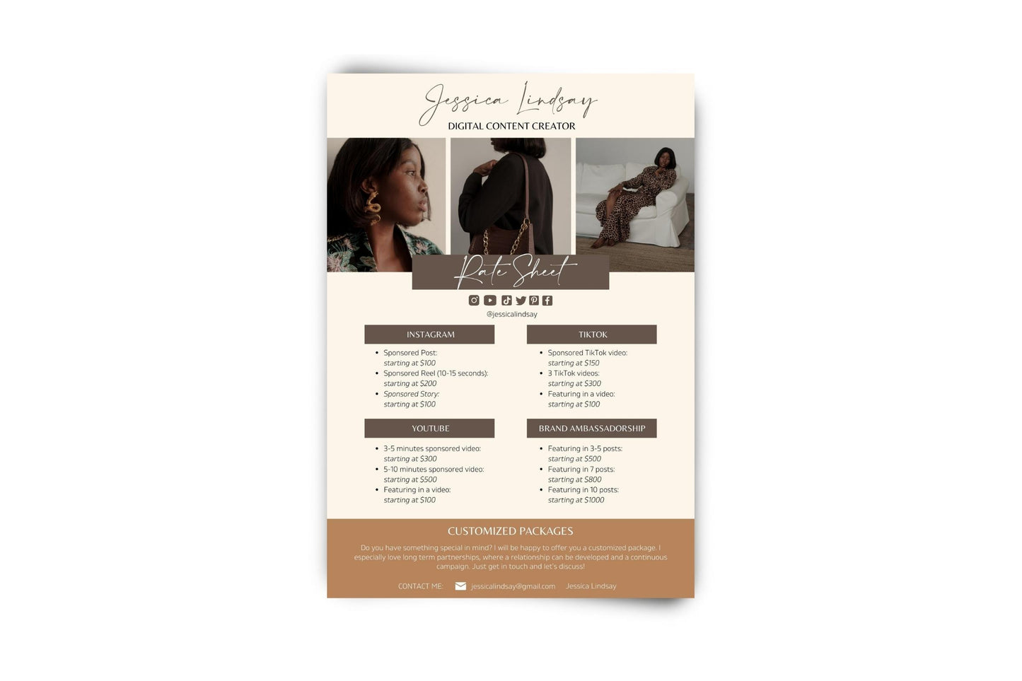 Rate Card for Influencer | Price Sheet for Blogger | Modern Brown Tones Price List | Media Kit