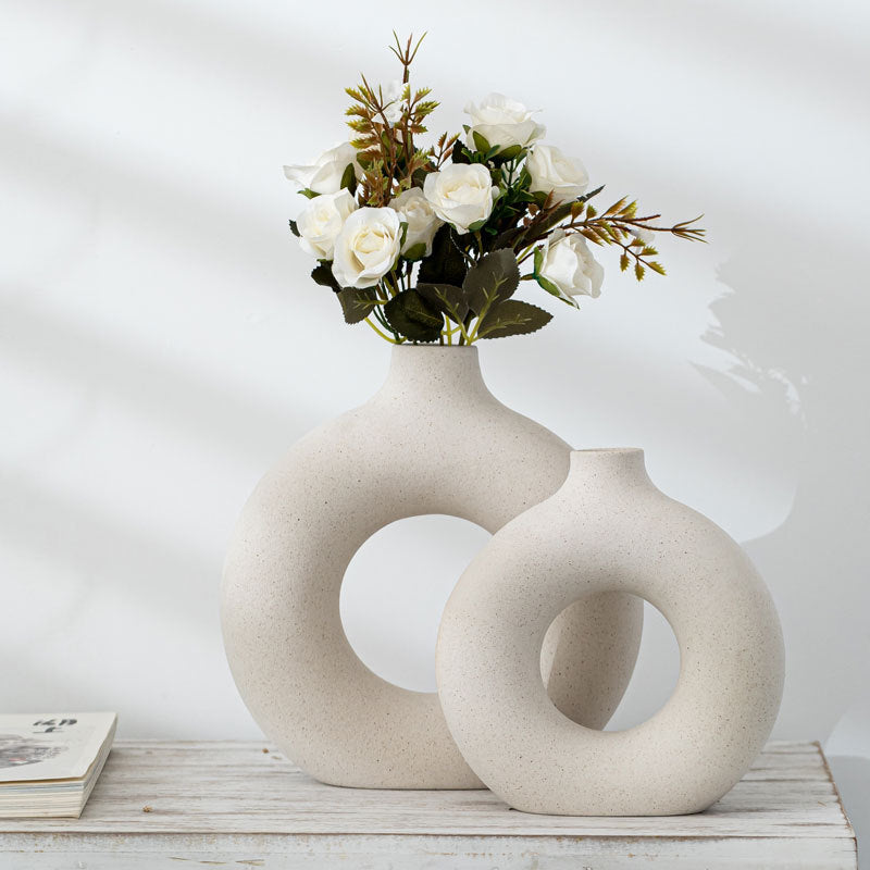 Nordic Ceramic Vase for Pampas Grass, Donut Flower Pot, Aesthetic Home Decor Accessories for Content Creators