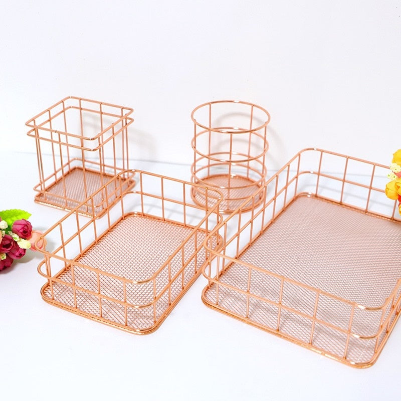 Gold and Rose Gold Desk Organizer. Pen Storage. Fashionable Office Desk Accessories and Supplies