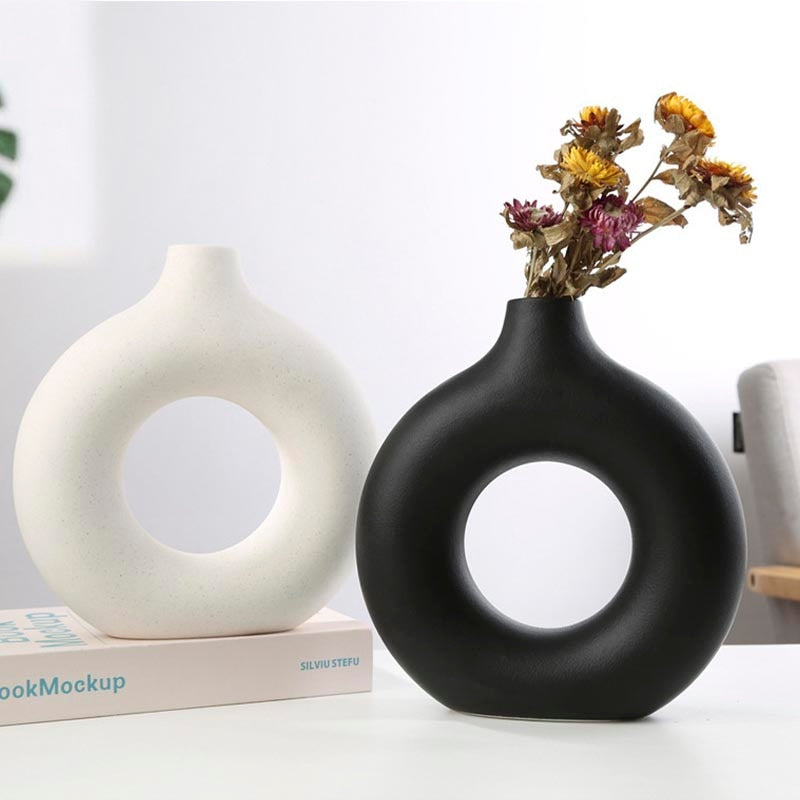 Nordic Ceramic Vase for Pampas Grass, Donut Flower Pot, Aesthetic Home Decor Accessories for Content Creators