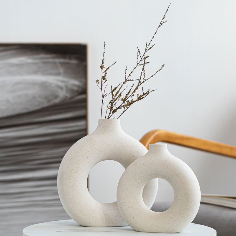 Nordic Ceramic Vase for Pampas Grass, Donut Flower Pot, Aesthetic Home Decor Accessories for Content Creators