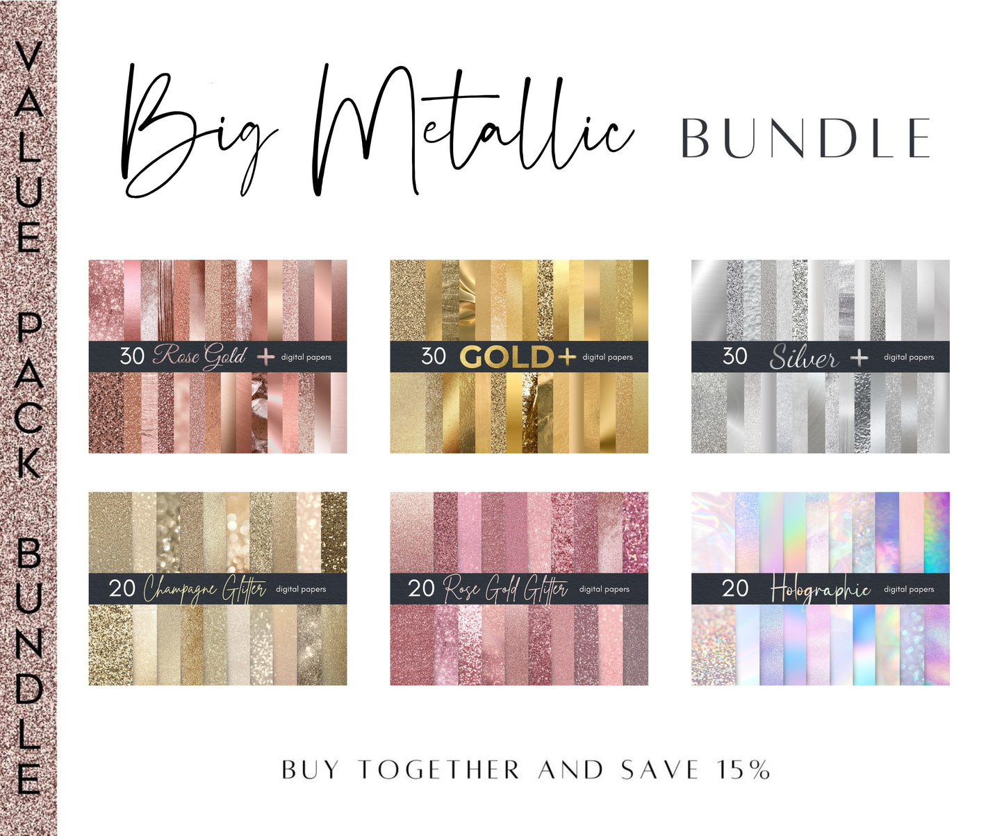 BIG Metallic Digital Paper Bundle | Rose Gold, Gold, Holographic, Silver Metallic Textures for Digital Designs | Special Offer - Save 15%