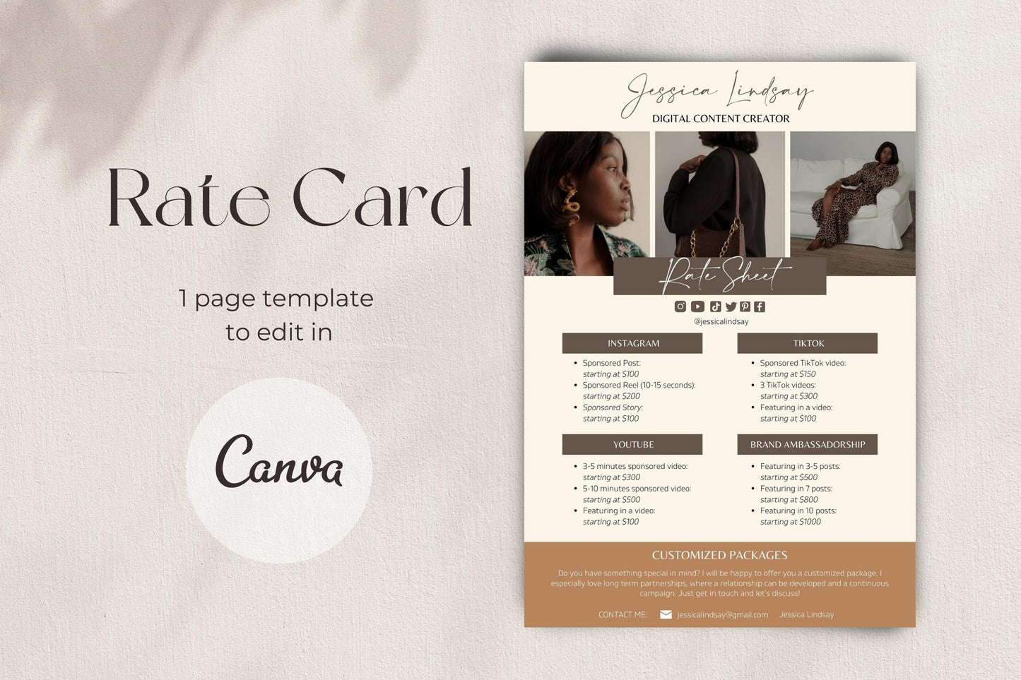 Rate Card for Influencer | Price Sheet for Blogger | Modern Brown Tones Price List | Media Kit