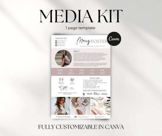 One Page Media Kit with Rate Card for Instagram and TikTok Influencer, YouTuber Media Kit Canva Template, Content Creator Media Kit
