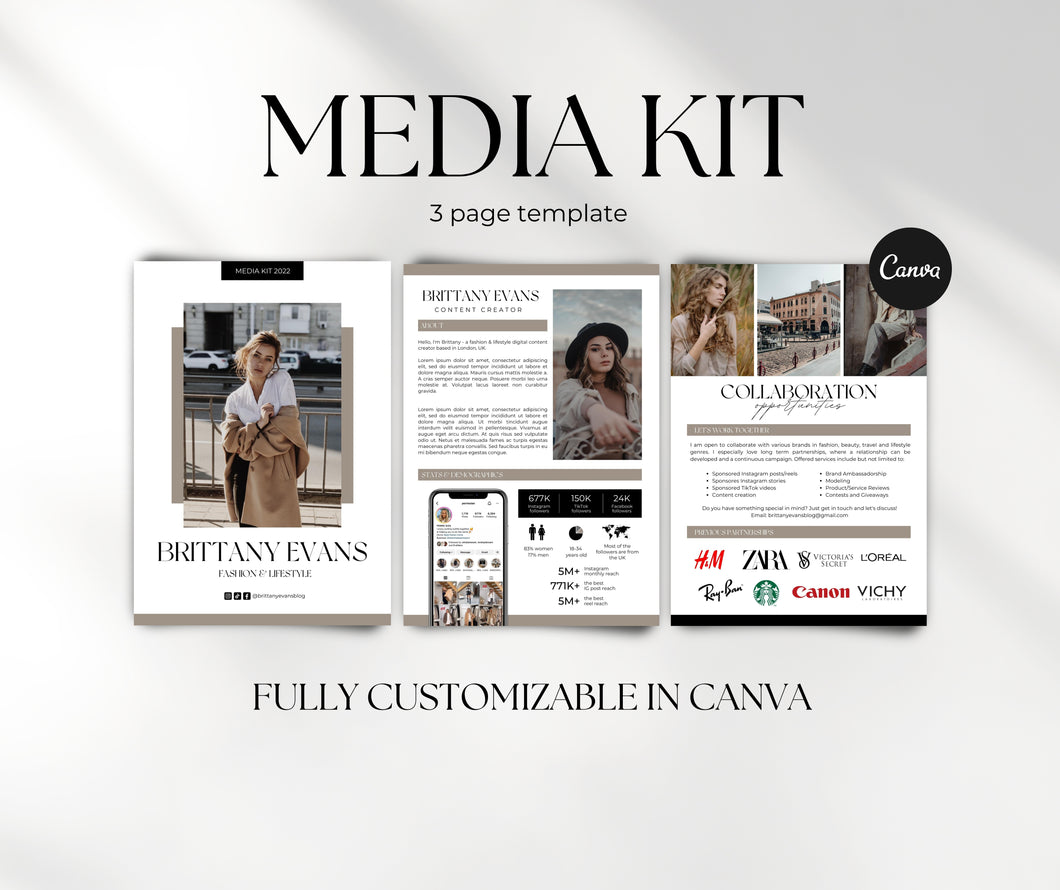 Modern Media Kit Template, Instagram and TikTok Influencer Media Kit, Content Creator Media Kit Canva Template, 3 Paged Media Kit Design