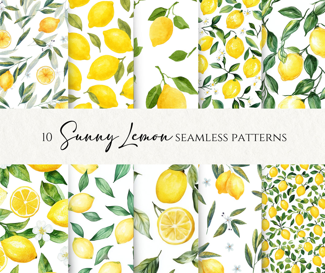 Watercolor Lemon Seamless Pattern, Citrus Digital Paper, Summer Fruit Background, Commercial Use, Lemon Tree Digital Scrapbooking Paper