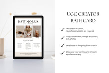 Load image into Gallery viewer, UGC Creator Rate Card Template, Editable UGC Rate Card Canva Template, User Generated Content Pricing, Minimalist UGC Rate Sheet Template
