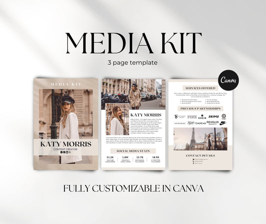 Media Kit Template for Content Creator, YouTuber, Influencer. 3 Paged Neutral Tones Media Kit Canva Template