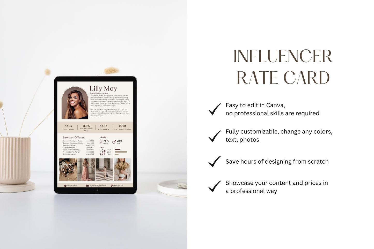 Influencer Rate Card Template | Content Creator Rate Card | Rate Sheet for Instagram Influencer | Modern Beige Rate Card Canva Template