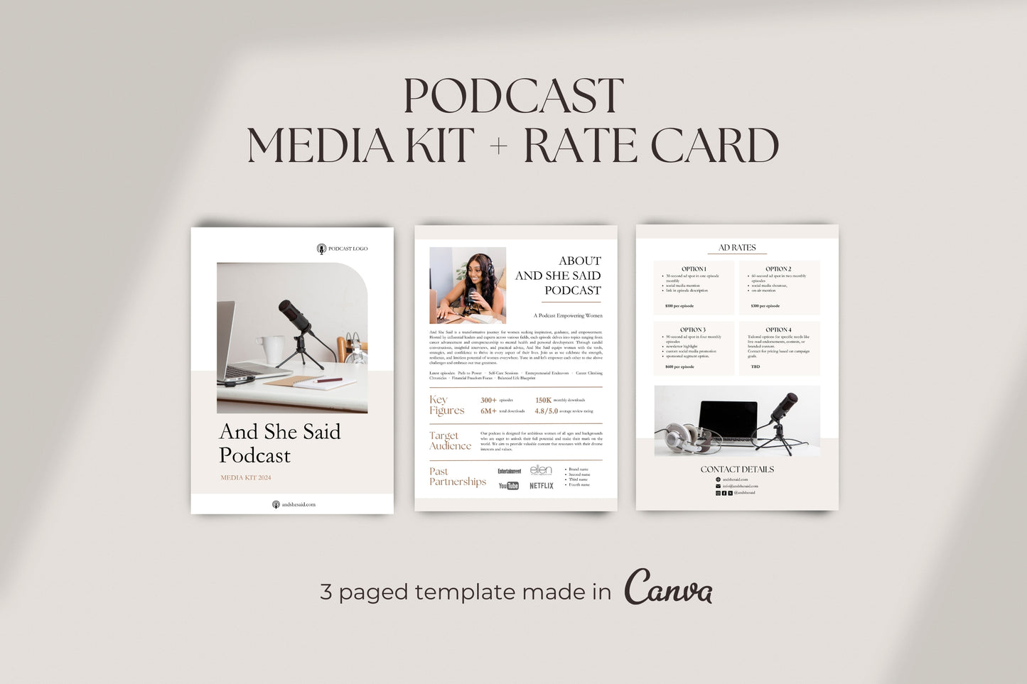 Podcast Media Kit Template, Podcast Rate Card, 3 Paged Neutral Tones Media Kit Canva Template