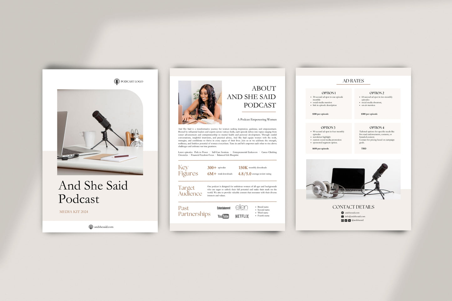 Podcast Media Kit Template, Podcast Rate Card, 3 Paged Neutral Tones Media Kit Canva Template