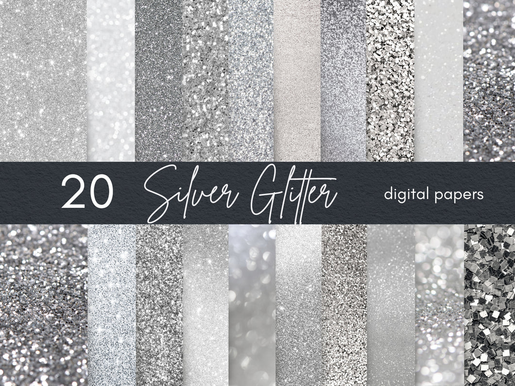 Silver Glitter Digital Paper, Silver Shimmer Background, Silver Glitter Texture, Commercial Use Instant Download Digital Paper