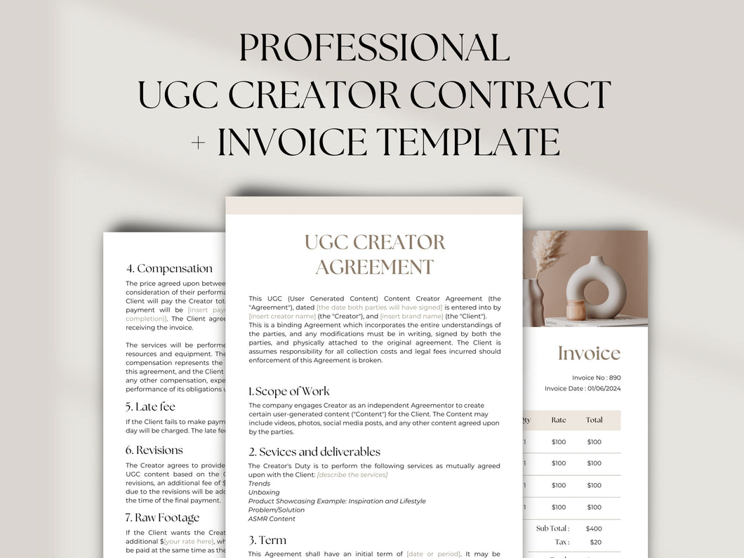 UGC Creator Contract | UGC Contract Template | Professional UGC Creator Agreement | Ugc invoice | Influencer, Content Creator Contract