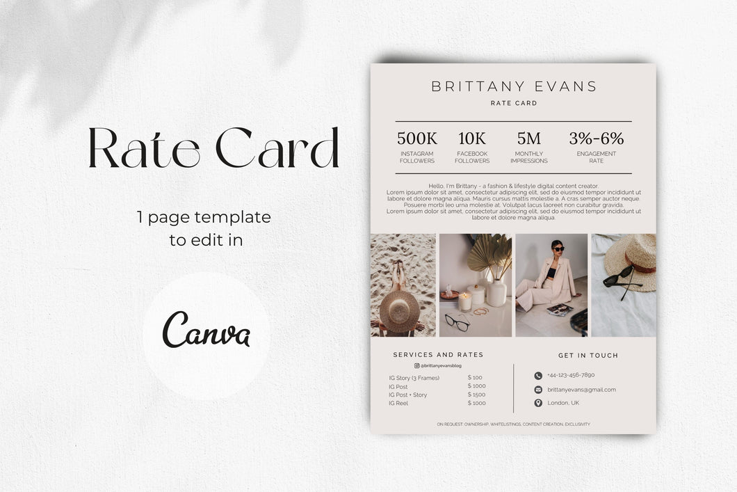 Beige Minimalist Rate Card Template | Instagram Rate Sheet for Influencer | Modern Price List | Canva Media Kit Template