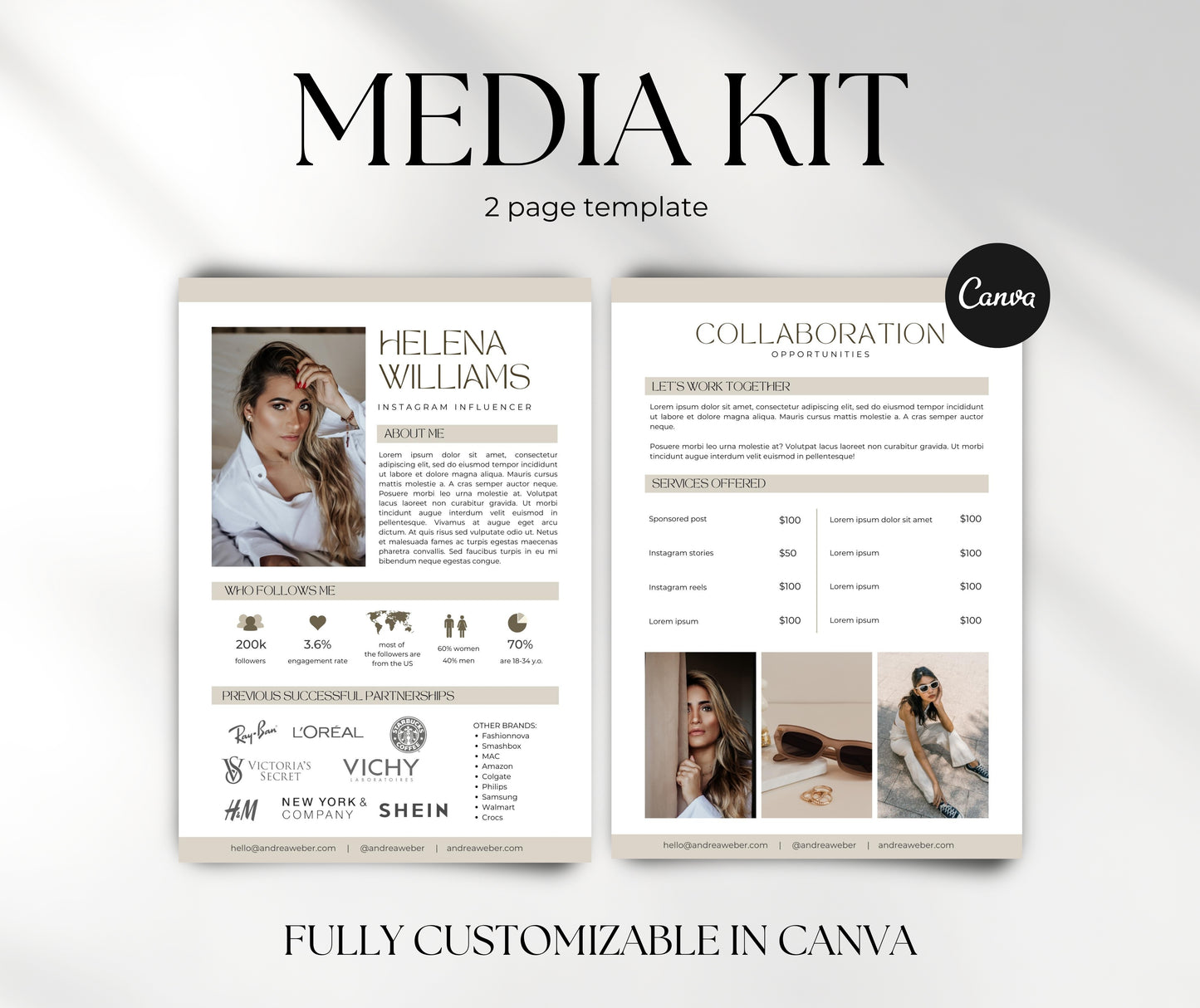 Influencer Media Kit Template for Canva, Modern Aesthetic Media Kit Template with Rate Card, 2 Paged Media Kit Design for Content Creator