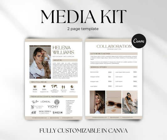 Influencer Media Kit Template for Canva, Modern Aesthetic Media Kit Template with Rate Card, 2 Paged Media Kit Design for Content Creator