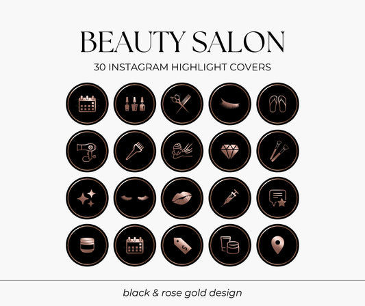 Rose Gold and Black Beauty Salon Highlight Covers for Instagram, Lashes, Makeup, Brows, Hair Stylist Instagram Story Highlight Icons