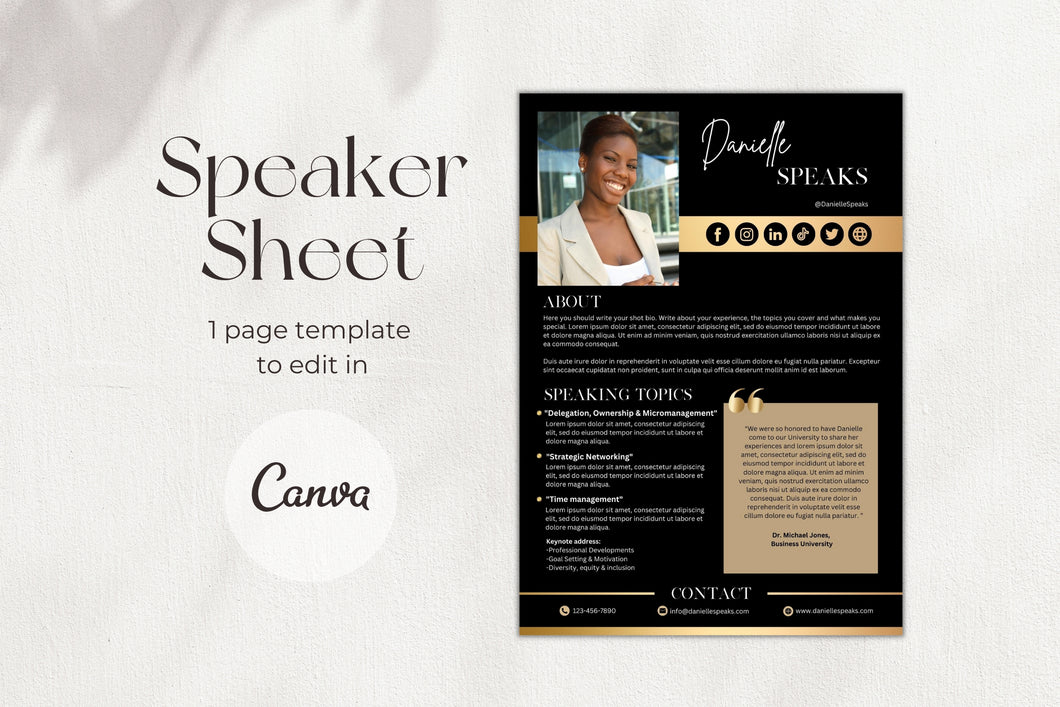 Black and Gold Speaker Sheet Template | EPK Canva Template for Speakers | Professional Speaker One Sheet Template | Speaker Media Kit